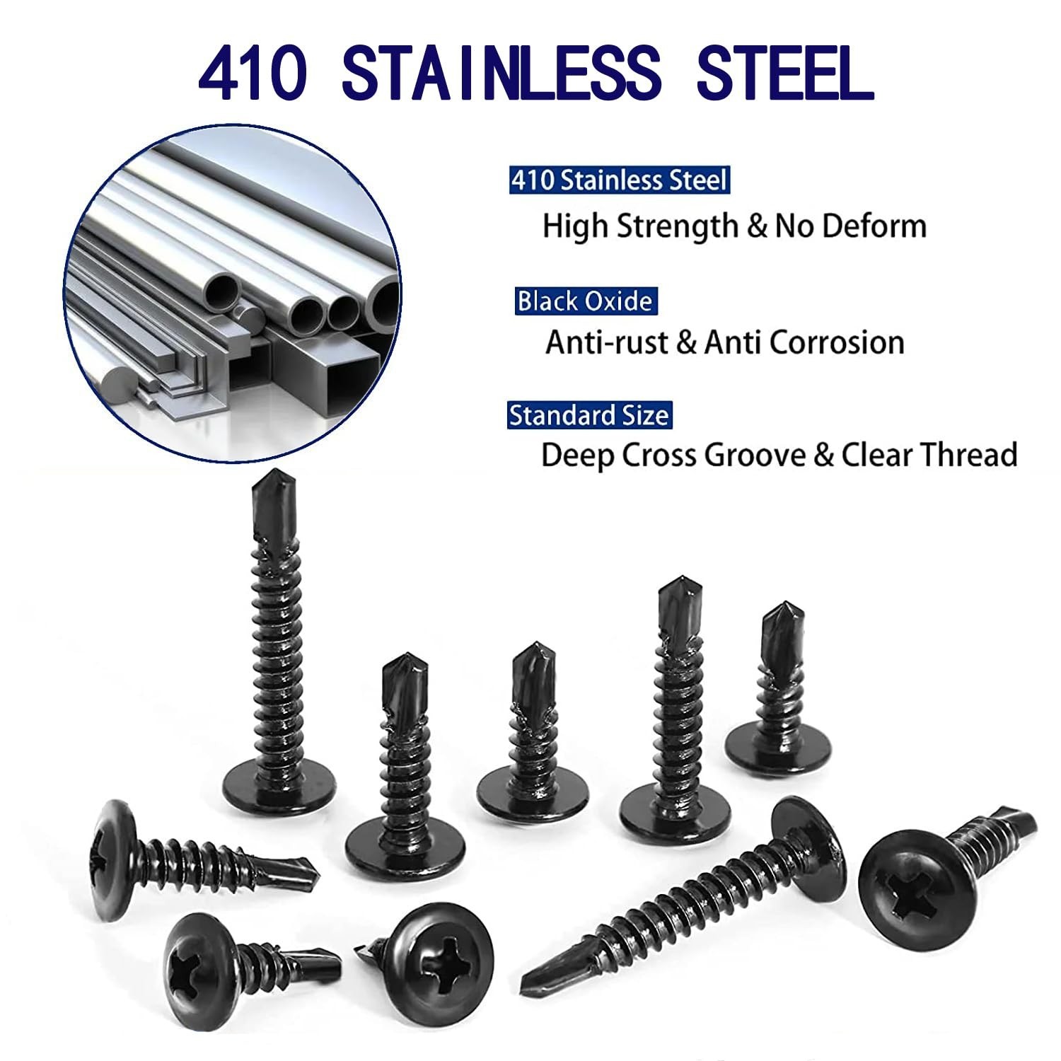 100PCS #10×5/8 Black Crosshead 410 Stainless Steel Self-Drilling Screws Modif…