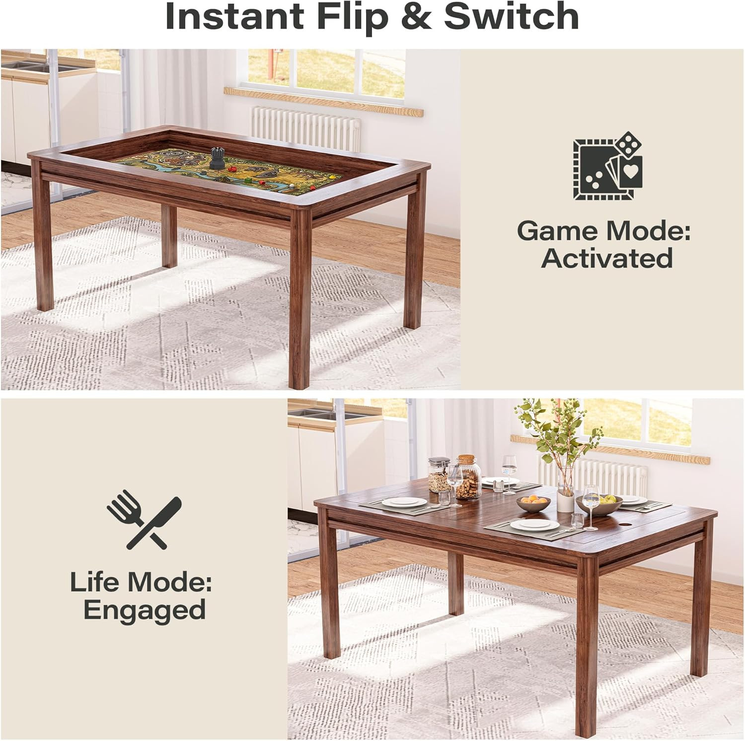 Board Game Table with Removable Table Top, 54” X 31” Play Area, Gaming and Dinin