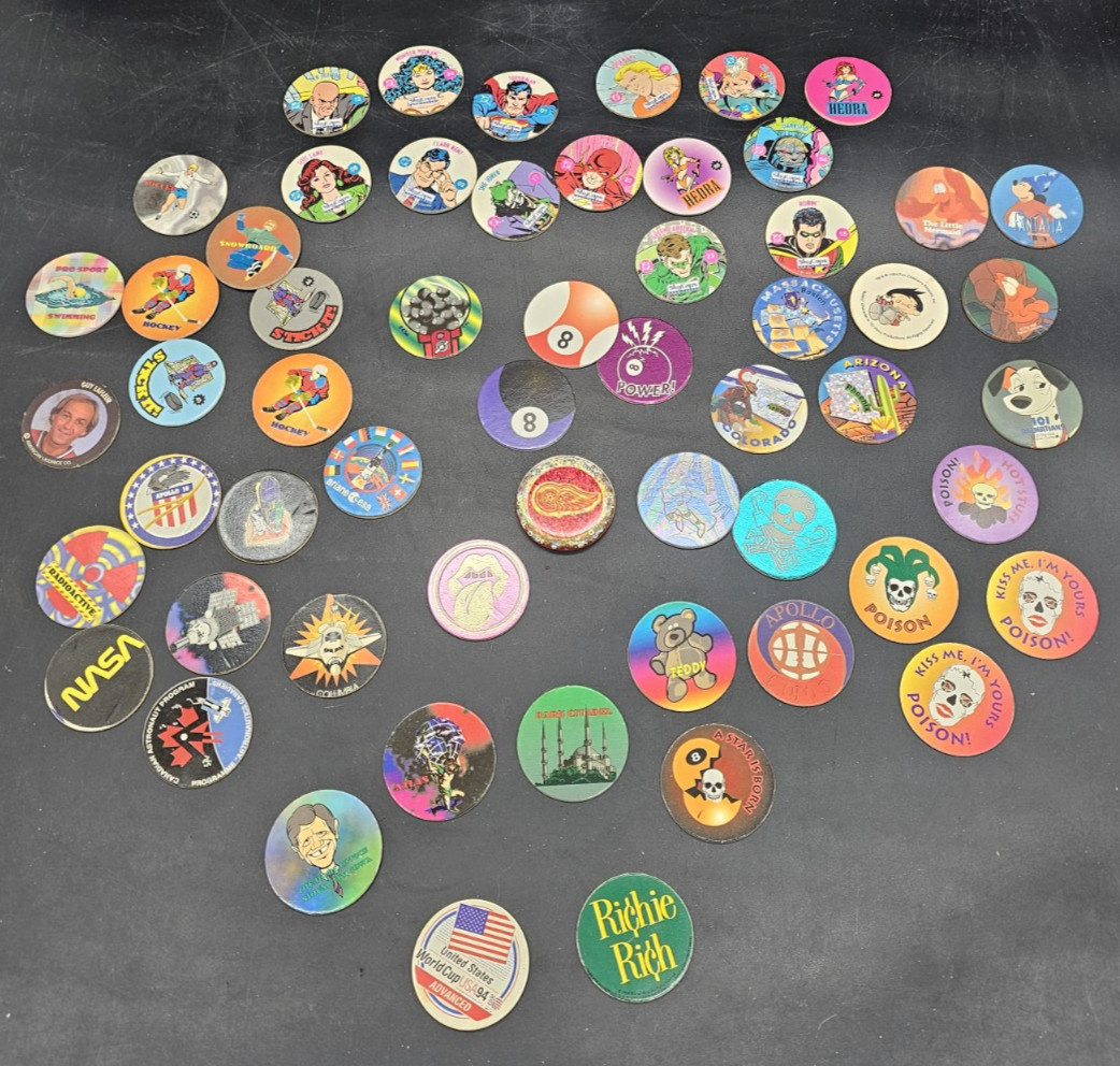 POGS Lot DC comics Sports 8 Ball Disney Poison Red Wings Slammer