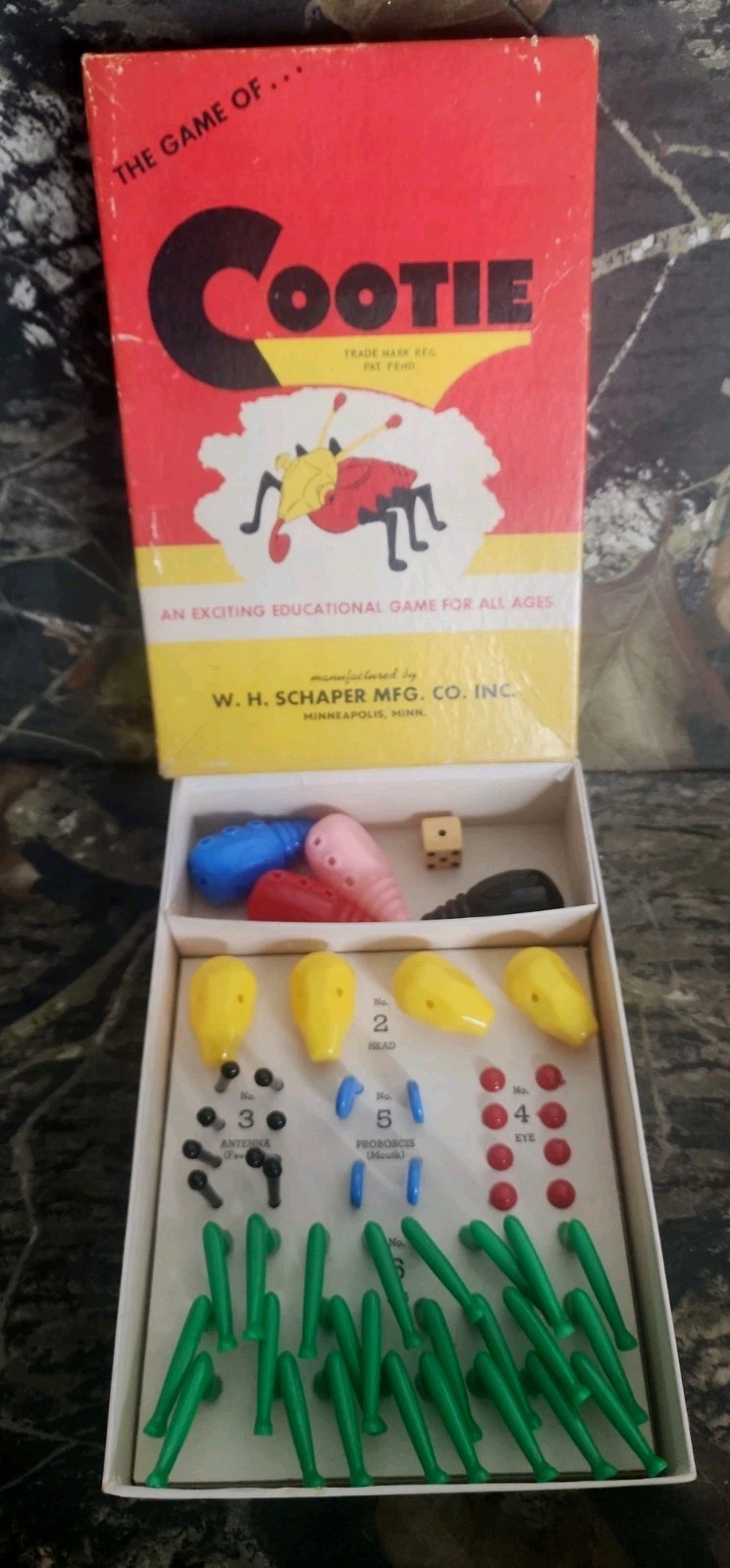 VTG 1949 COOTIE BOARD GAME W.H. SCHAPER MFG ORIGINAL GOOD CONDITION COMPLETE DL