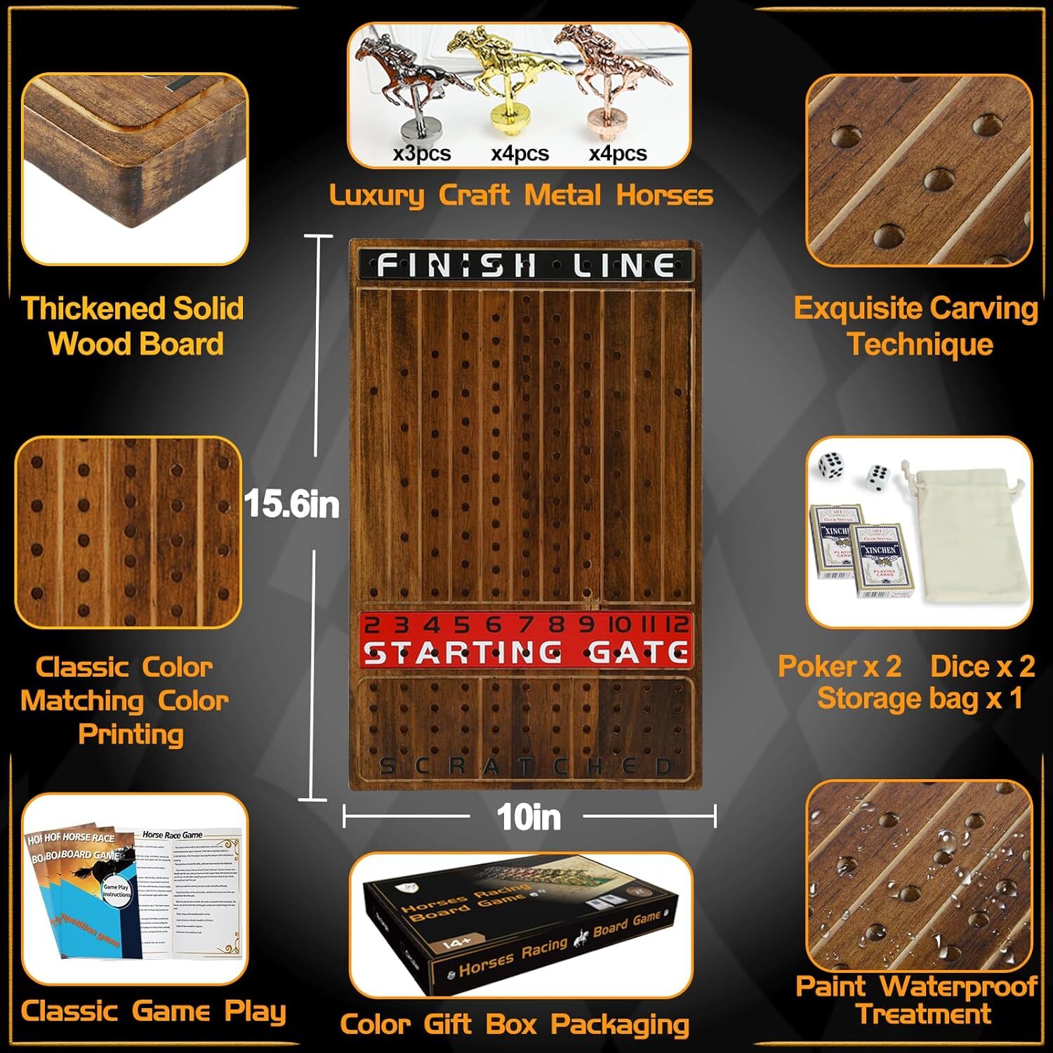 Horse Race Board Game, Thickened Solid Wood with 11 Durable Classic Metal Horses