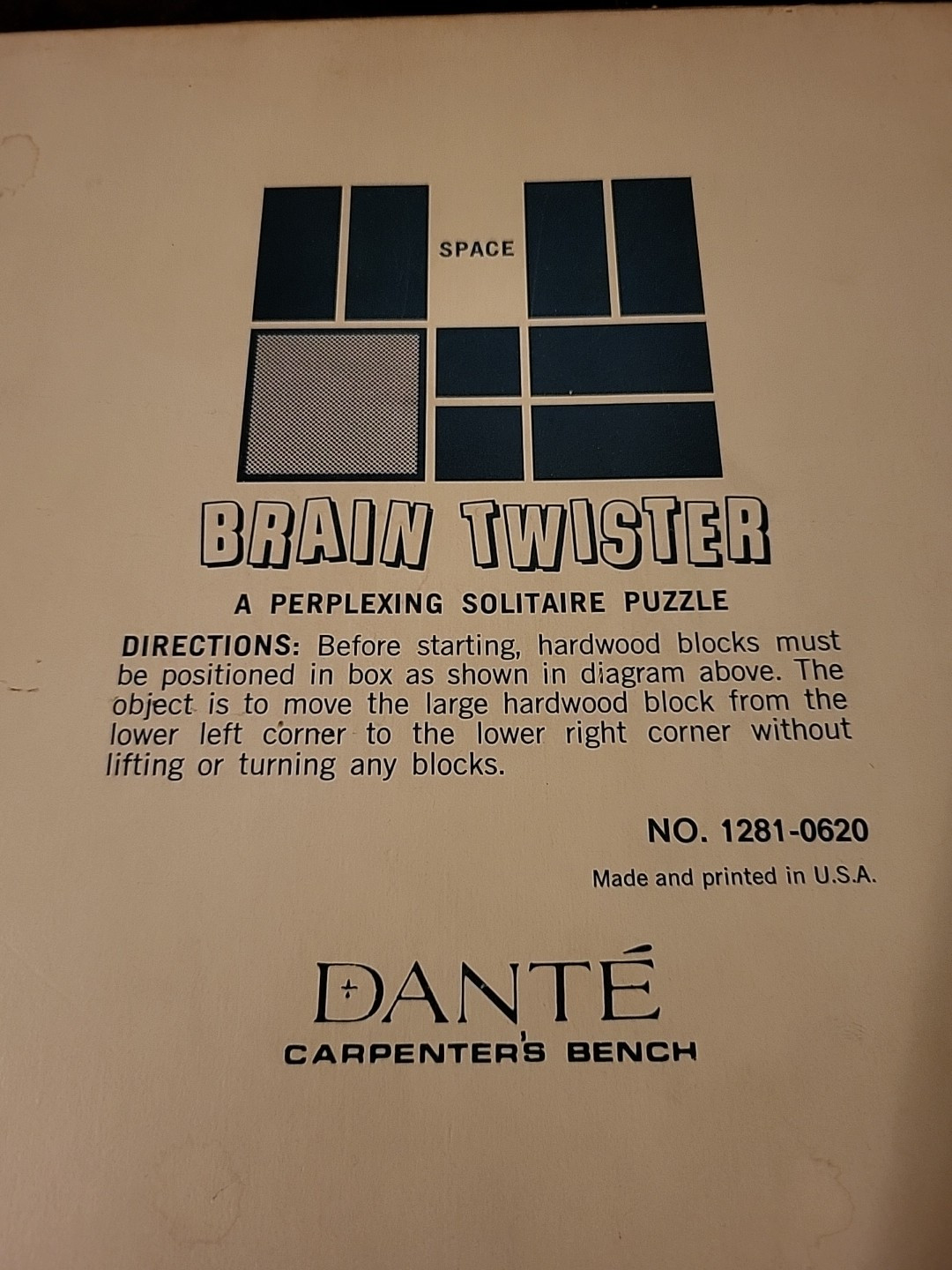 Vintage Dante Carpenter’s Bench Solitaire Slide Puzzle Brain Teaser Complete