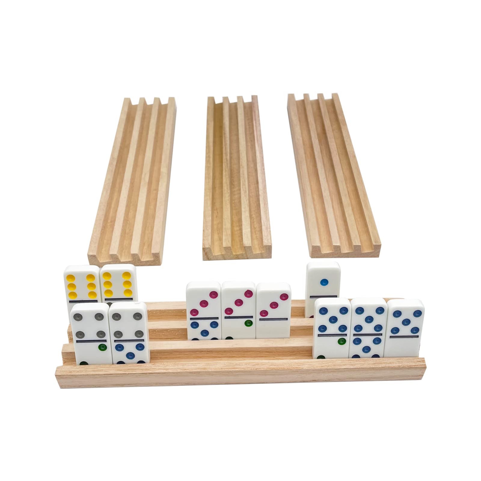 SUTIMSHE Wooden Domino Racks Set of 4 Natural Domino Trays Holders Organizer for