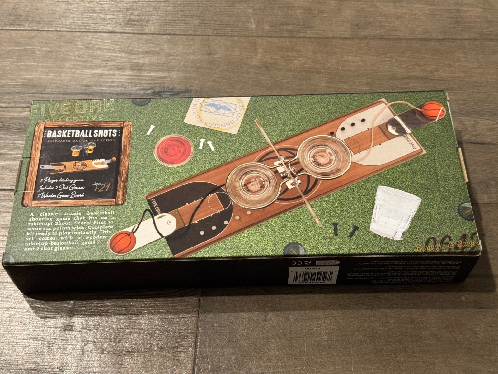 Five Oak Collective Basketball Shots Wooden Game Board With Two Shot Glasses