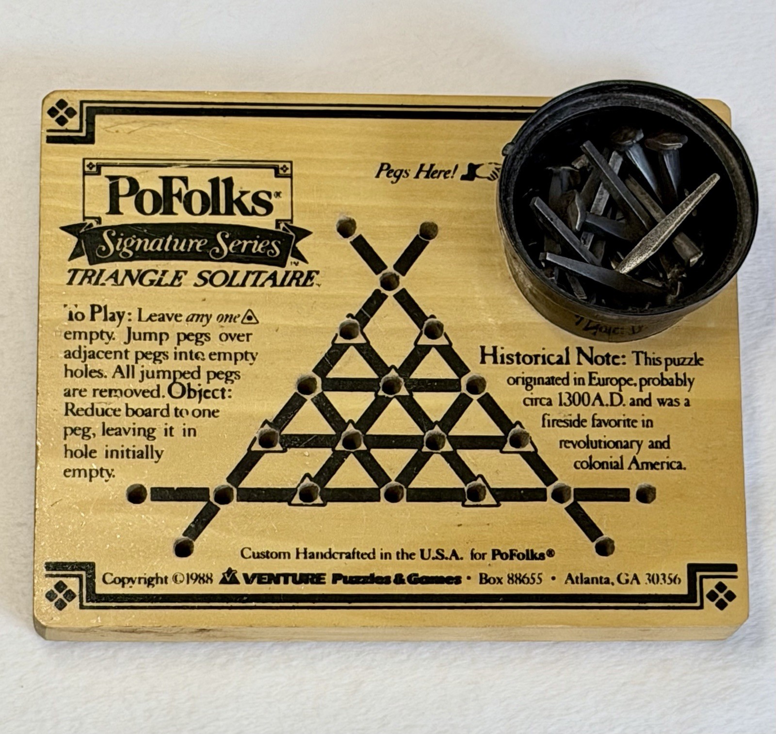 1988 PoFolks Signature Series Triangle Solitaire Handcrafted Wood Peg Game Board
