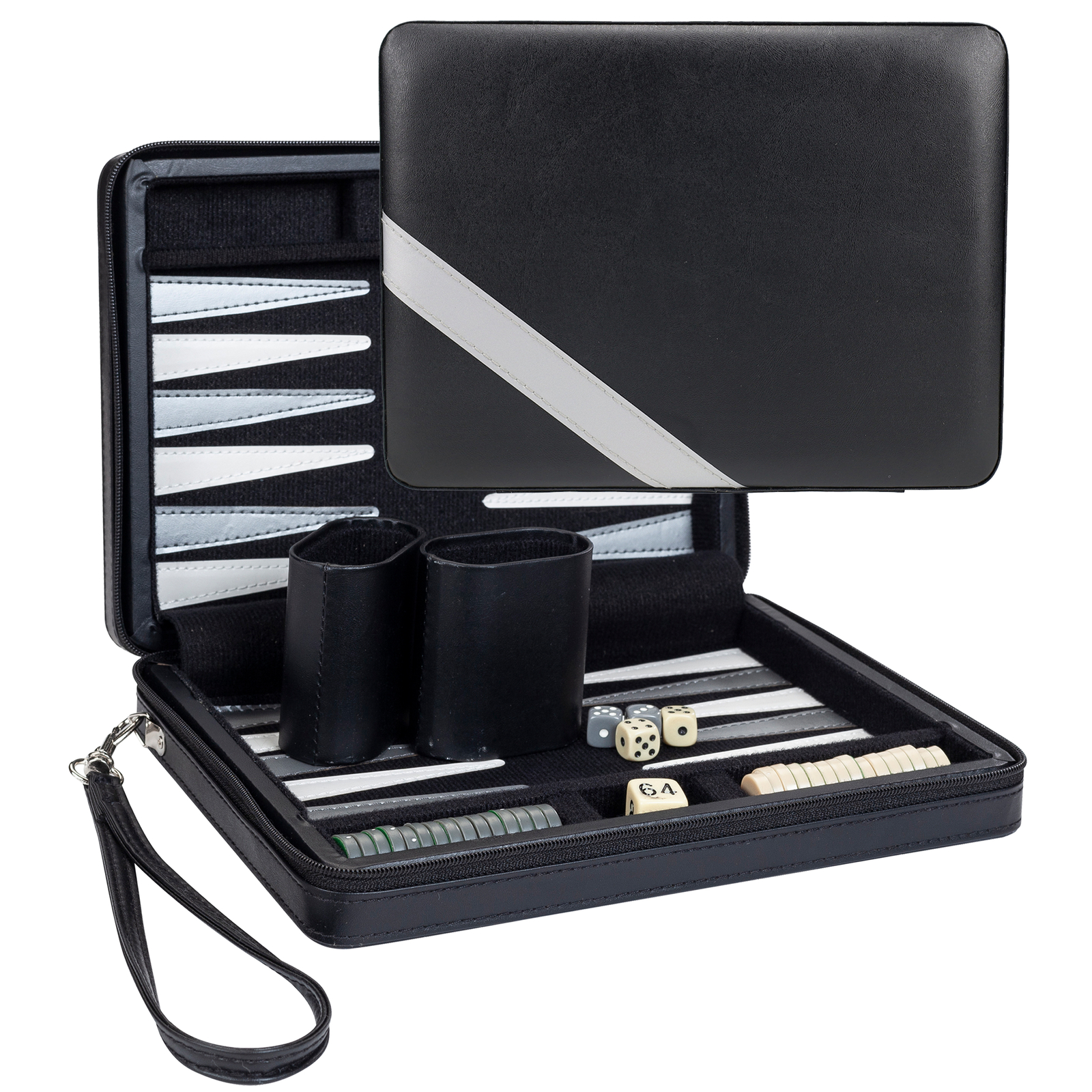 WE Games Travel Magnetic Backgammon Set, Black with Grey Stripe Leatherette Case