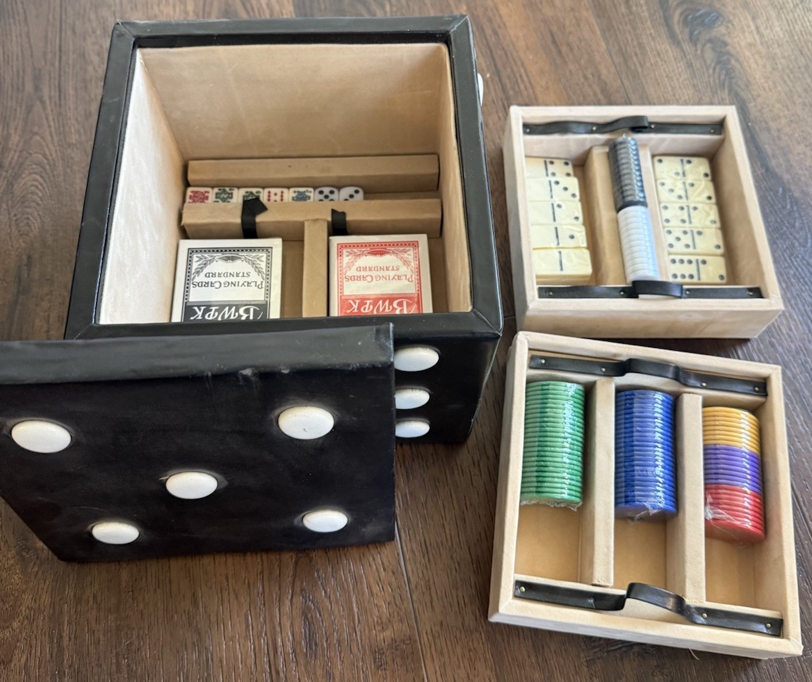 Vintage SEALED Poker Set Domino Box Chips Cards Dice Mid Century 7”