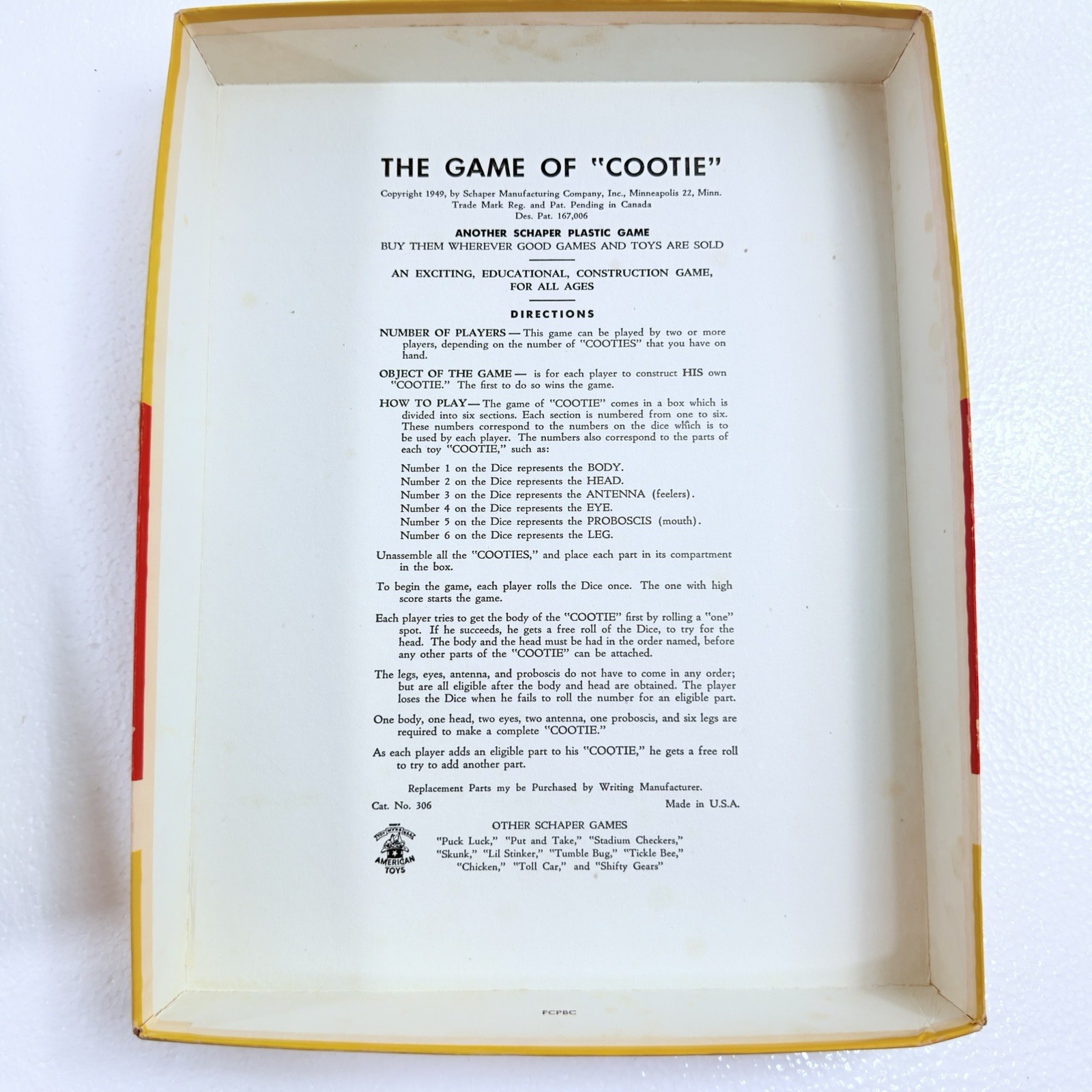 Vintage Schaper Manufacturing Co. 1949 The Game Of Deluxe 6 COOTIE Near Complete