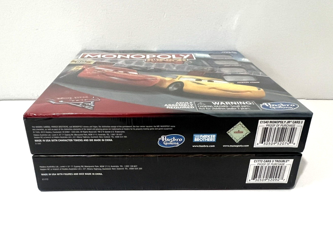 LOT OF 2 DISNEY PIXAR CARS 3 BOARD GAMES MONOPOLY JR &POP-O-MATIC TROUBLE HASBRO