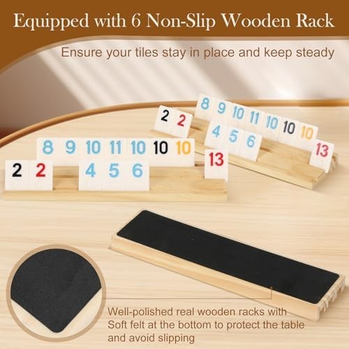 Rummy Game for 2-6 Players – 160 Melamine Tiles, Wooden Racks, Portable Case, Fu
