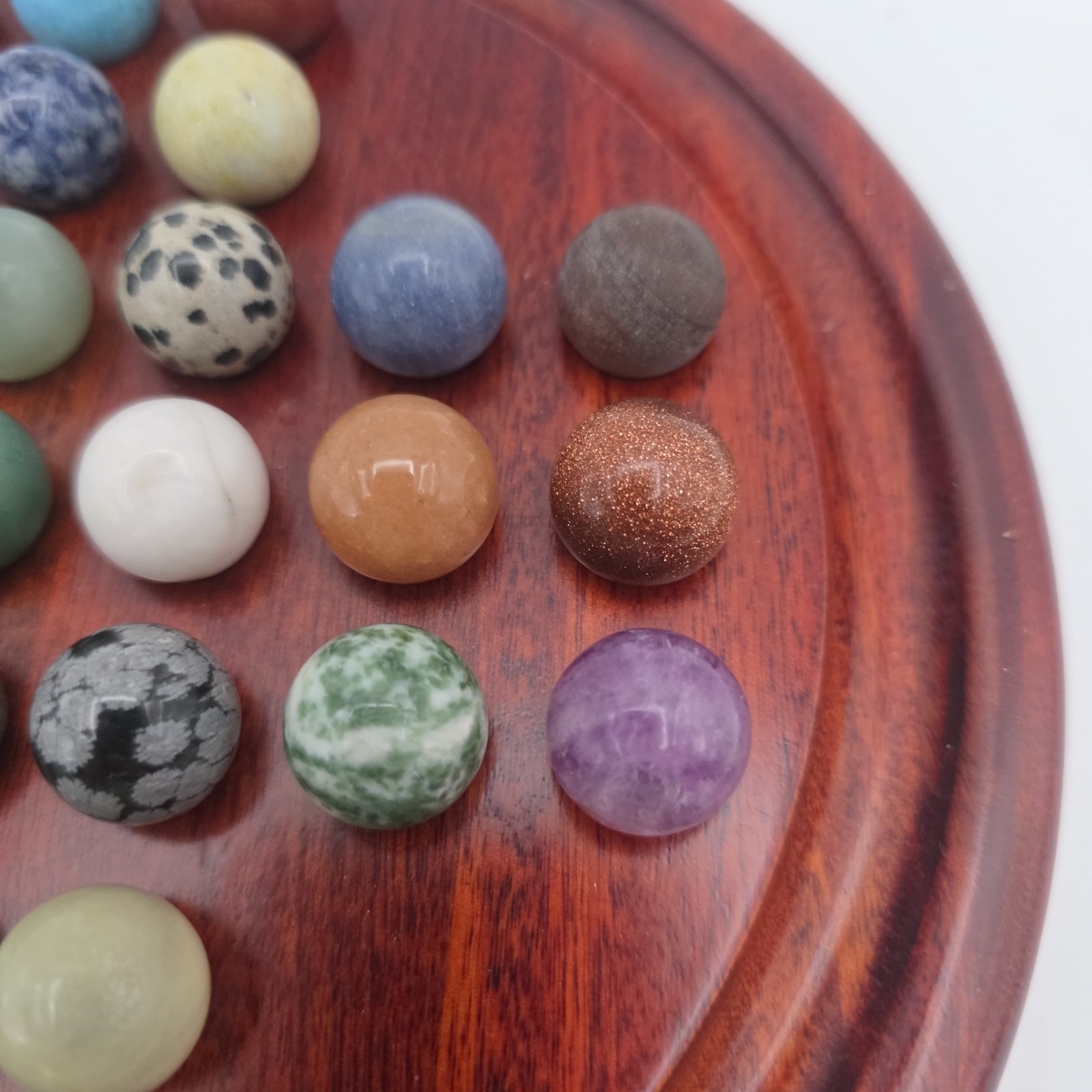Miniature Marble Solitaire Game with Semi Precious Gemstones Minerals Wood Board