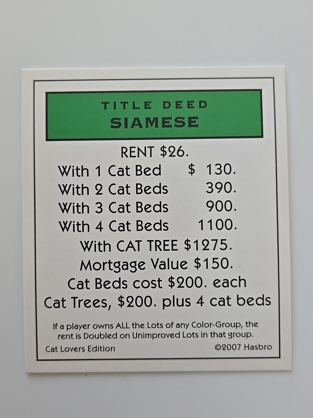 2006 Monopoly Cat Lovers Edition Siamese Green Title Deed Card Game Piece Part
