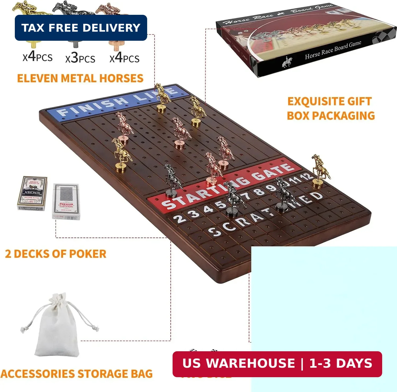 Large 21″ Horse Racing Board Game for 2-11 Players, Thickened Solid Wood Board w