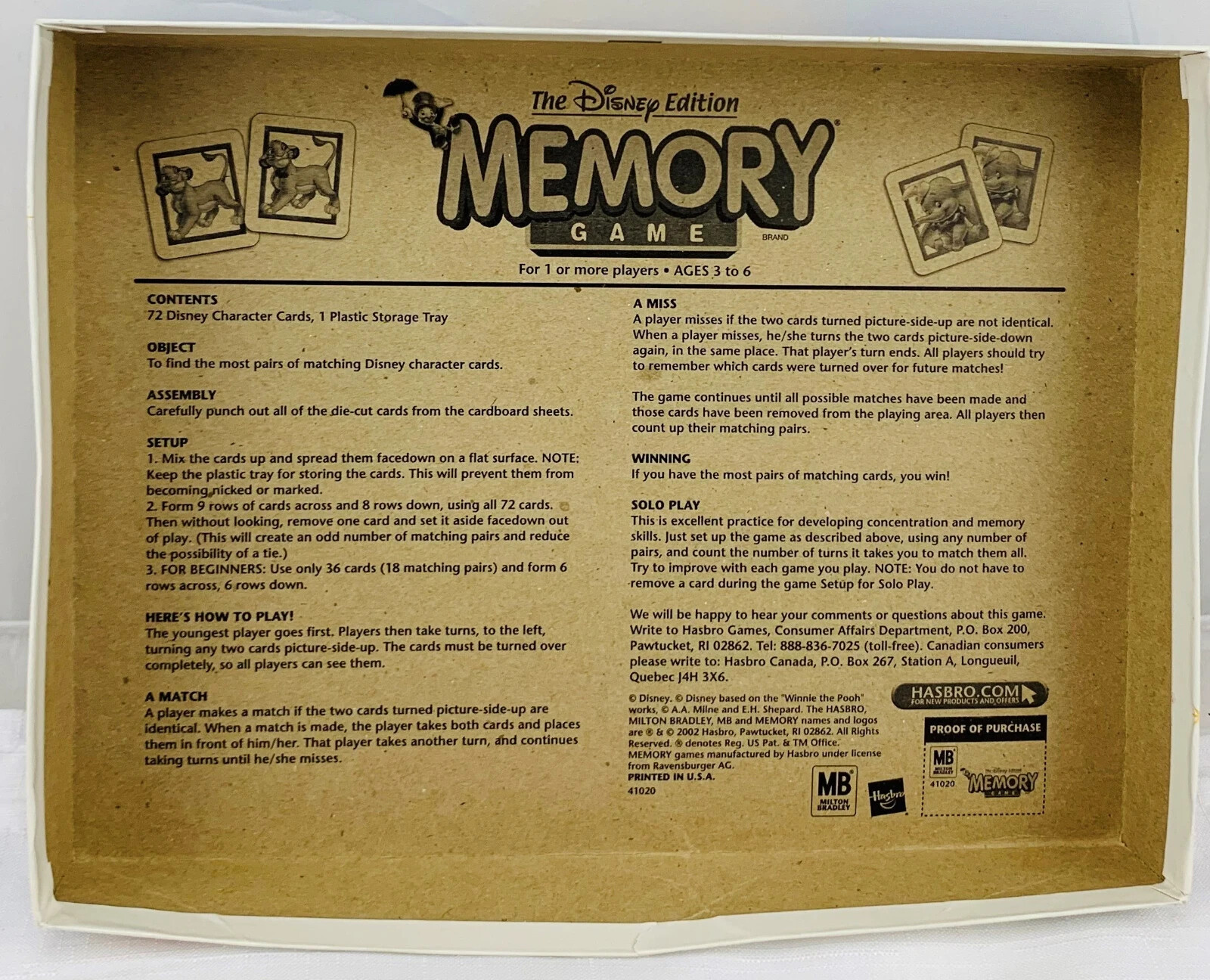 2002 Disney Memory Game by Milton Bradley Complete in Good Condition FREE SHIP