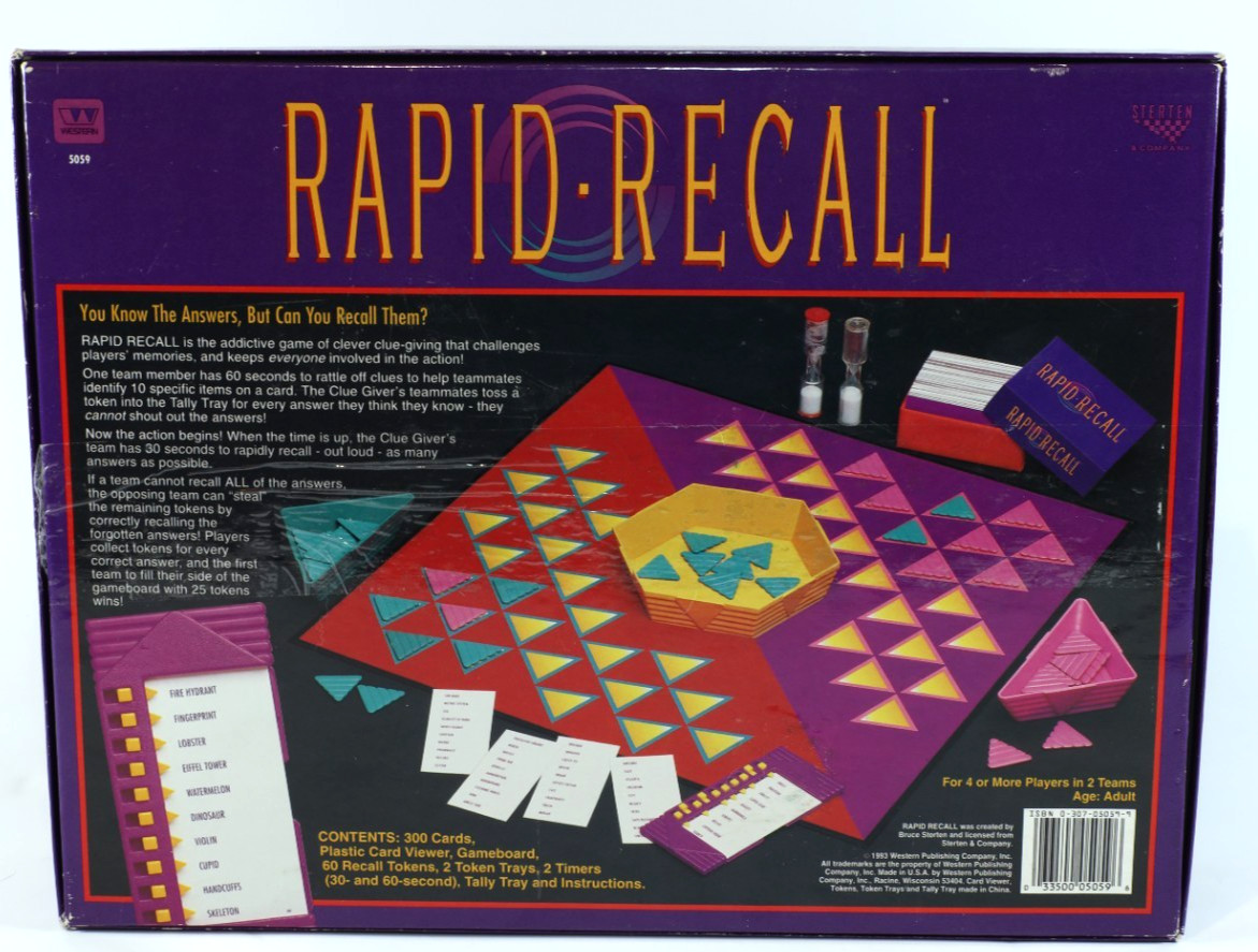 Rapid Recall Board Game Vintage 1993 Complete