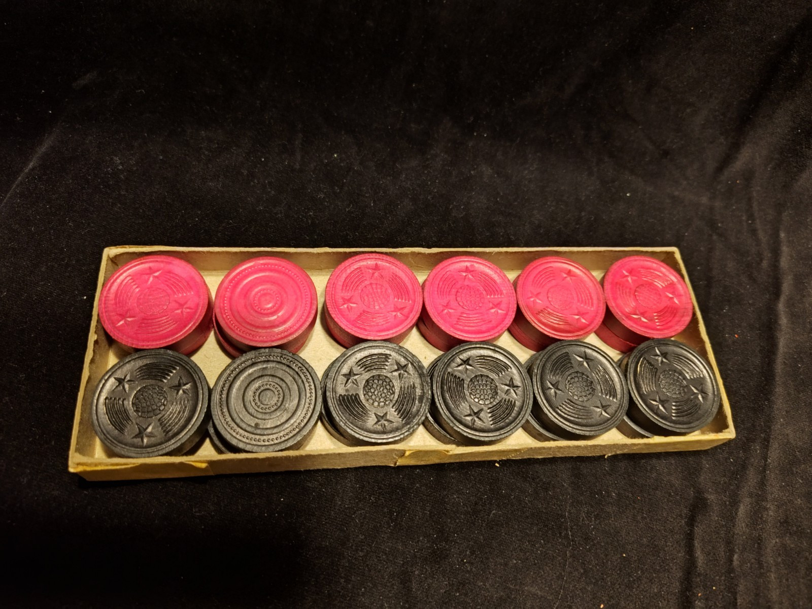 Vintage Halsam Checkers with Original Box Magenta Black 1940s