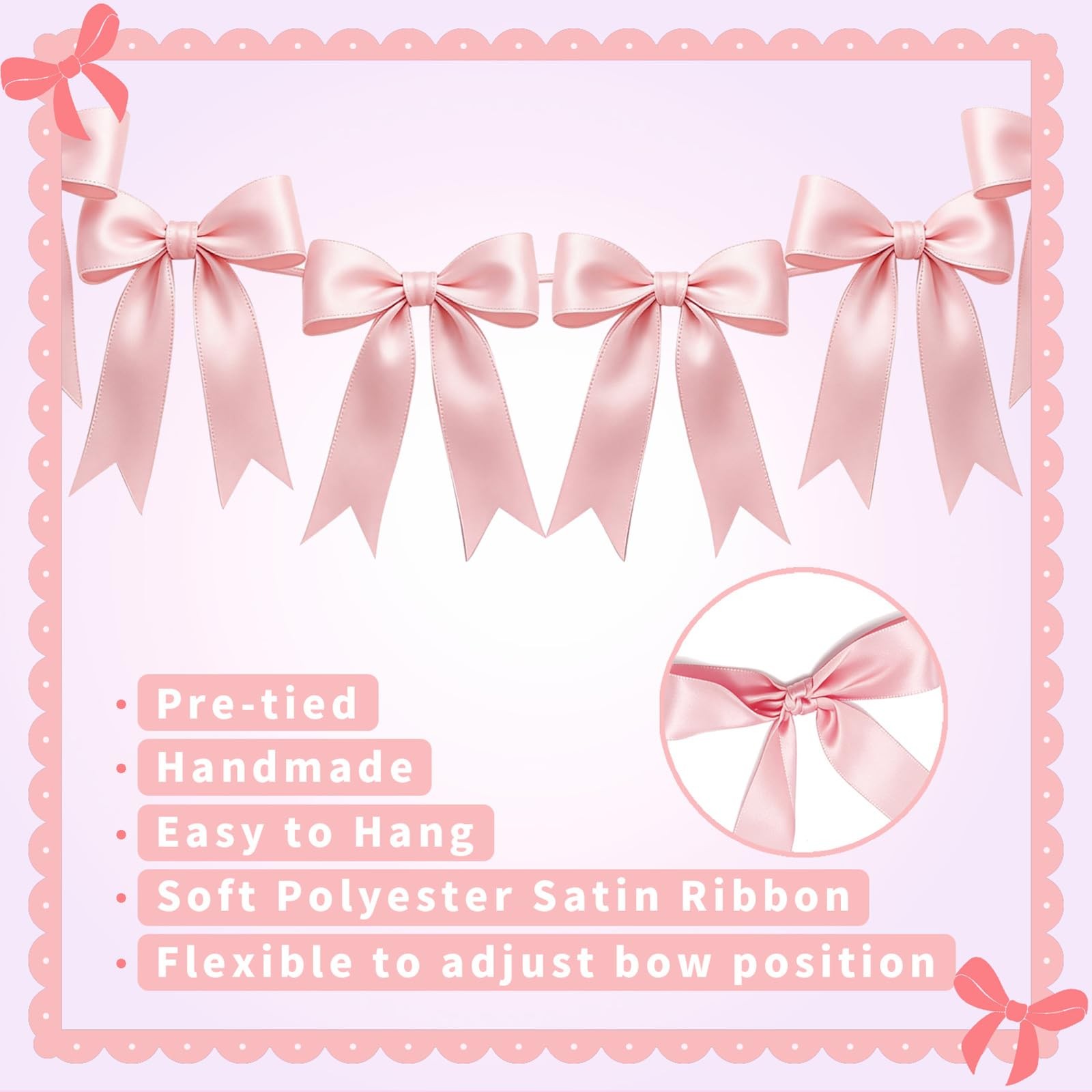 1 String Pink Bow Garland Banner 6.7ft/2m long, 9.4×6.7 inches,