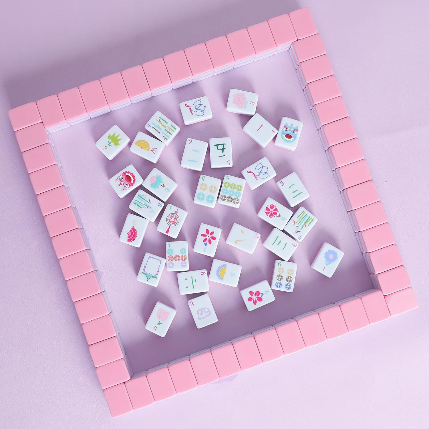 160 Pink Engraved American Mahjong Tiles Set with Carrying Bag and Accessories