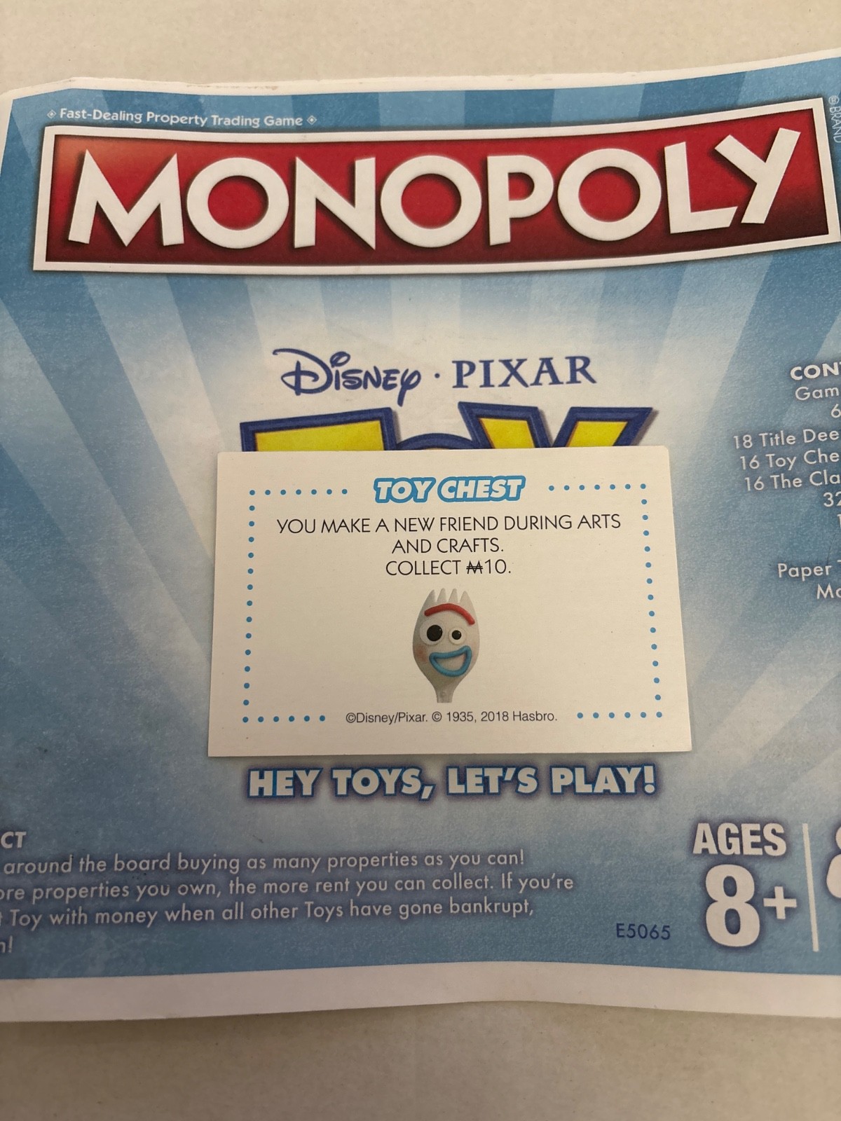 2018 Monopoly Toy Story Make A New Friend Community Chest Card Game Piece