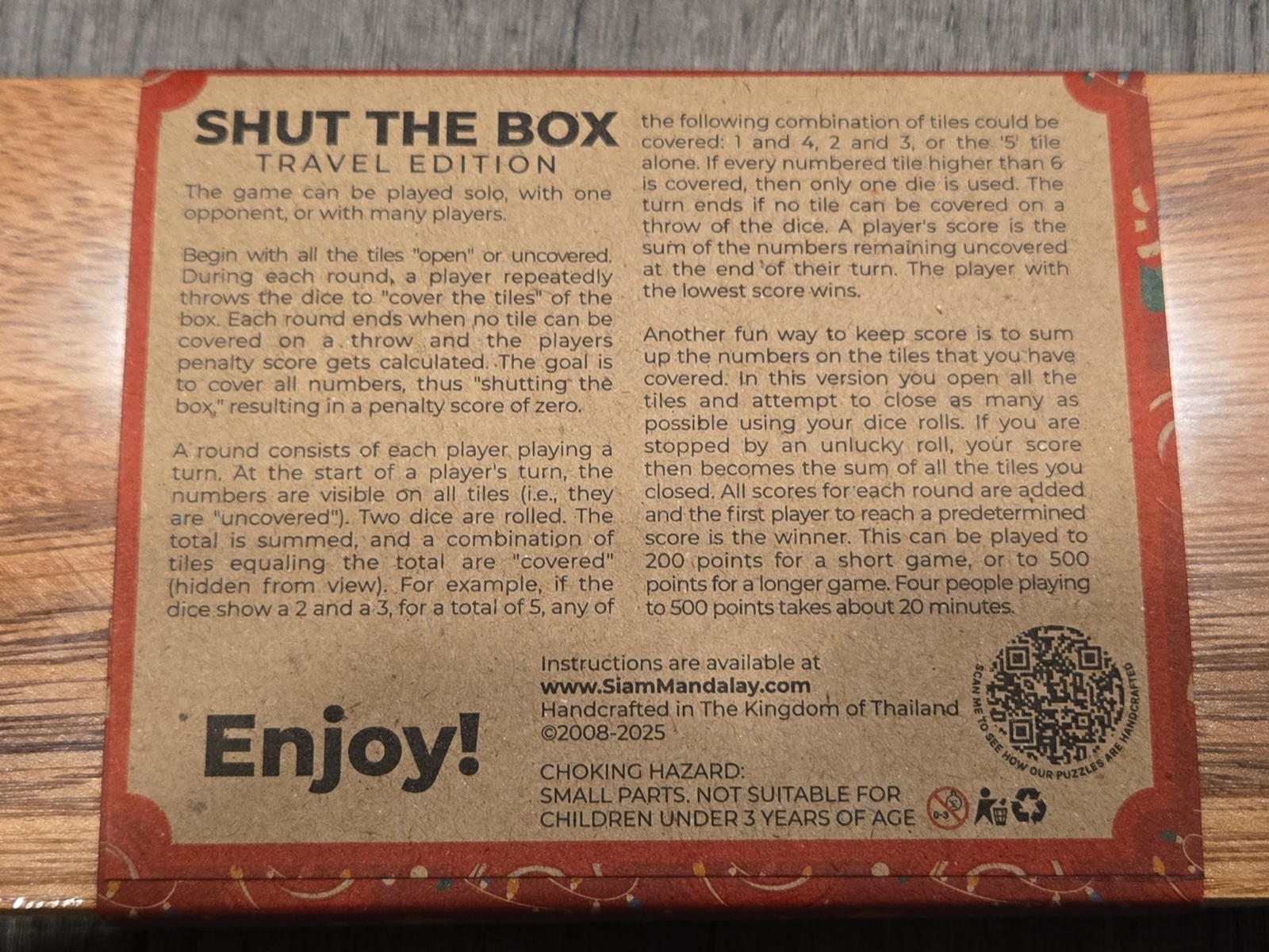 Shut The Box Travel Edition Family Game Wood Puzzle Made In Thailand New Sealed
