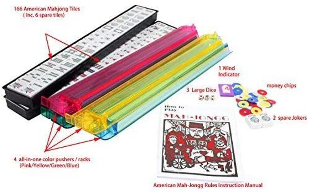American Mahjong 166 Tiles Black Bag 4 Color Pushers/Racks Western Mahjongg