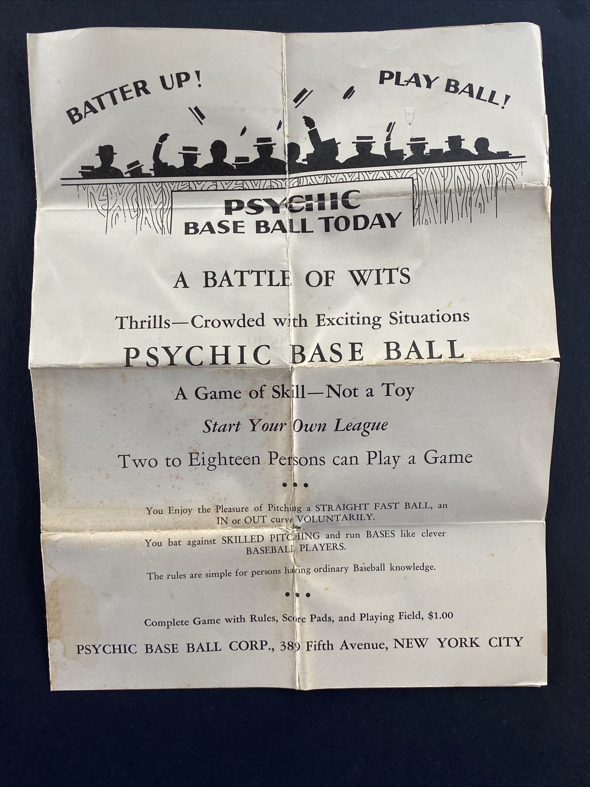 Rare 1920s Psychic Baseball Game Pre-War Card/Board Game Complete w/Box & Rules