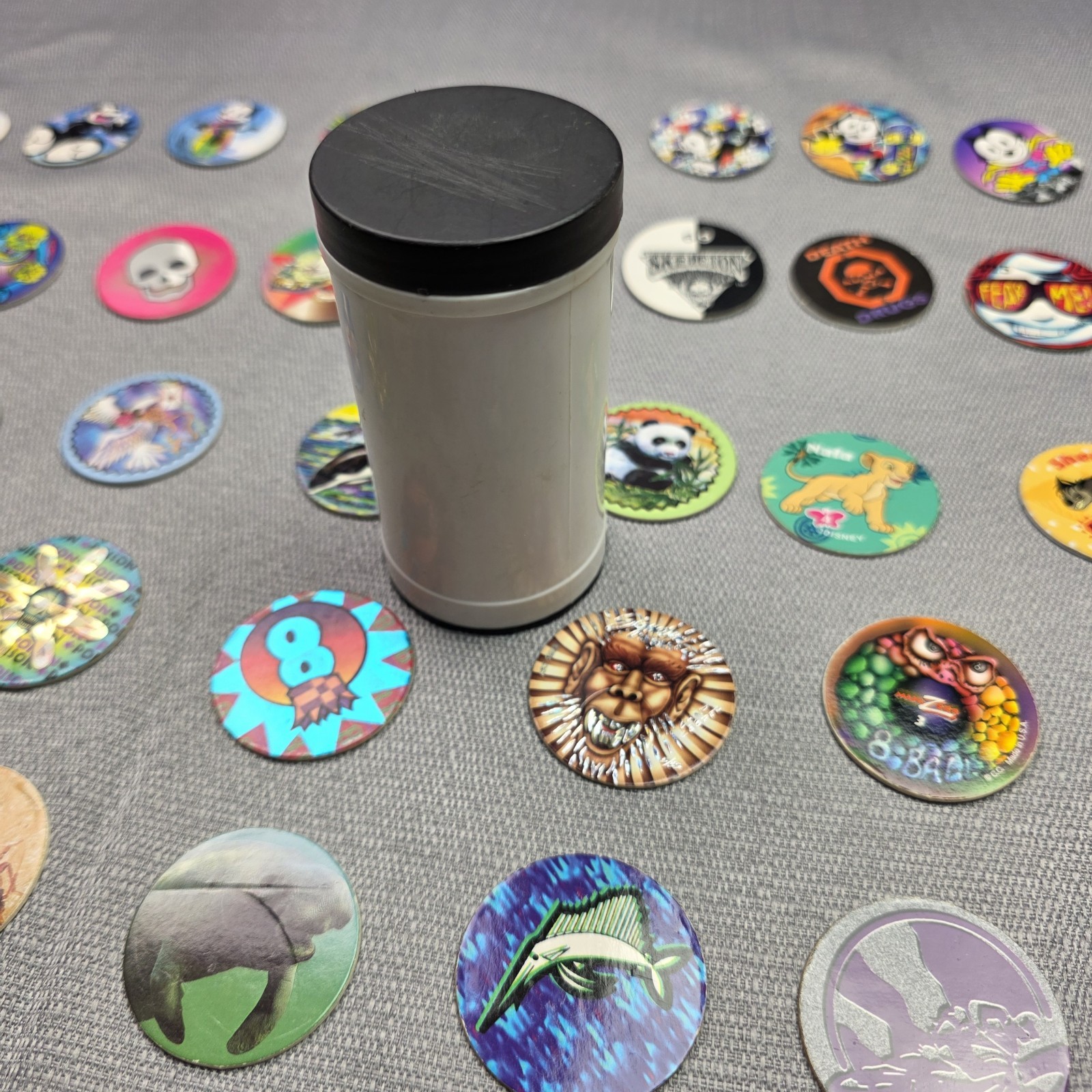 Vintage 90s POG Milk Caps Lot Of 68 Pogs + 3 Slammers + Container