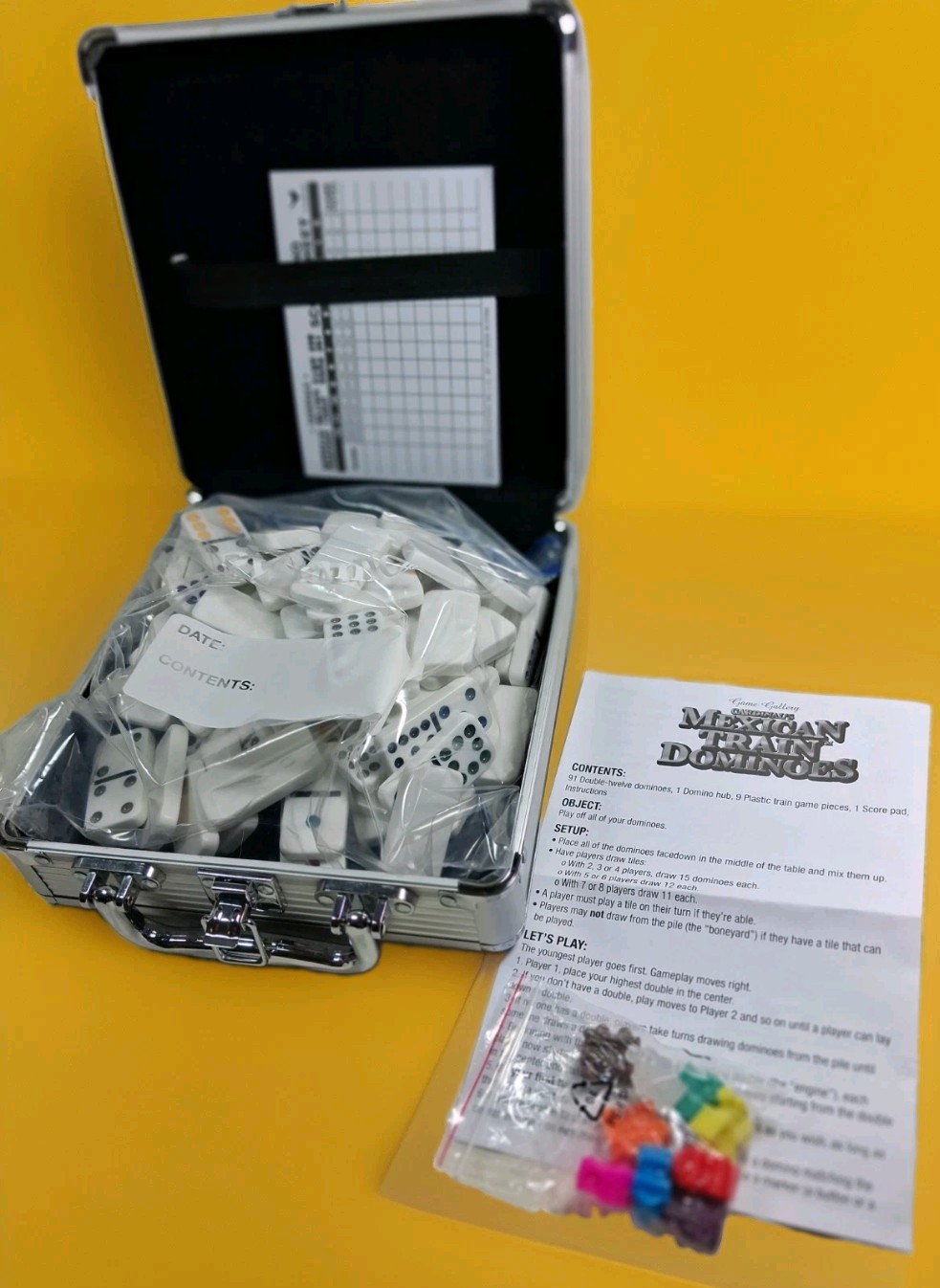 Mexican Train Domino Game Set of Double 12 Dominoes Aluminum Case ~missing Hub