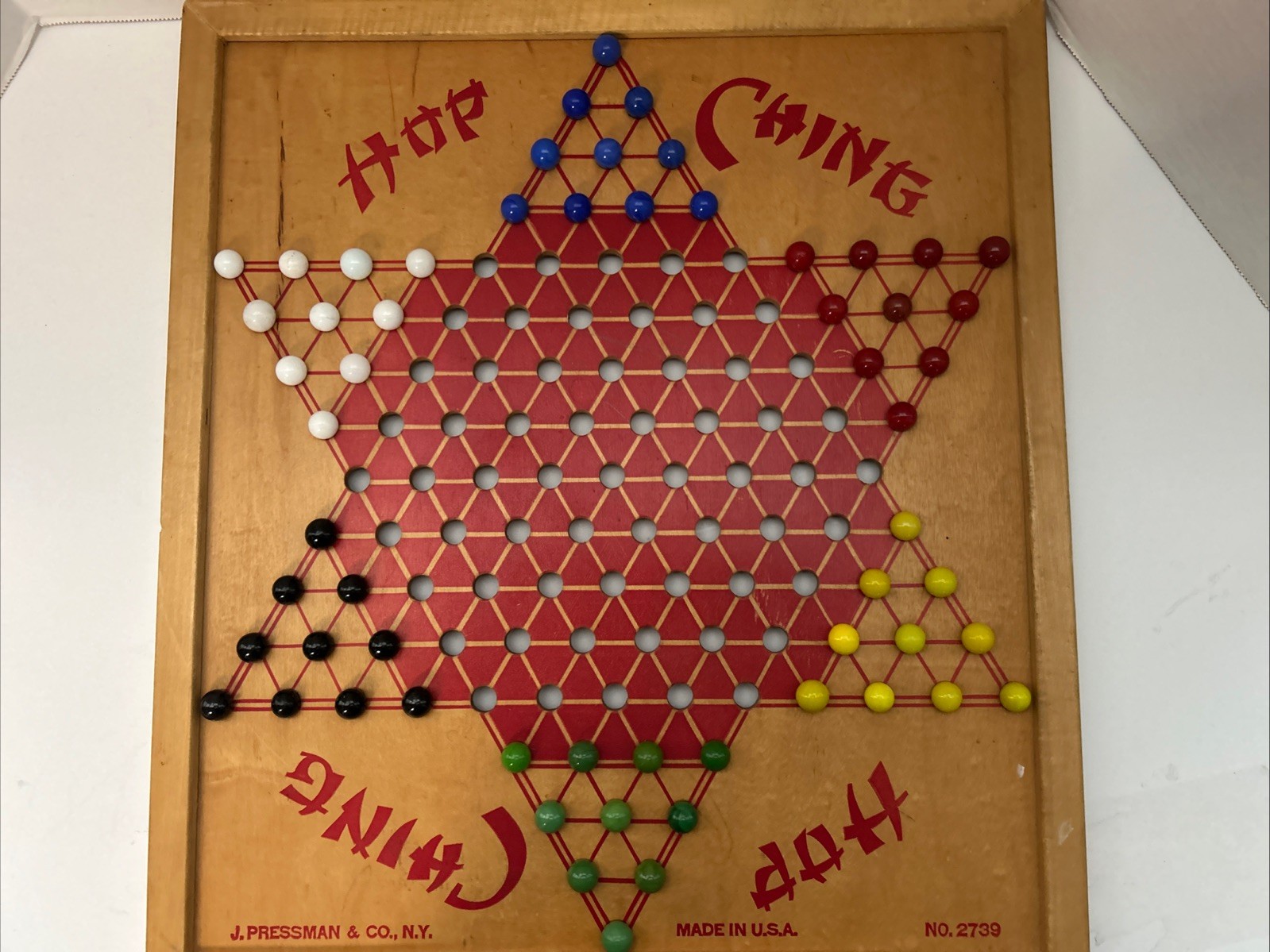 VTG Pressman USA Hop Ching Red Font Wood Chinese Checkers Game Board & Marbles