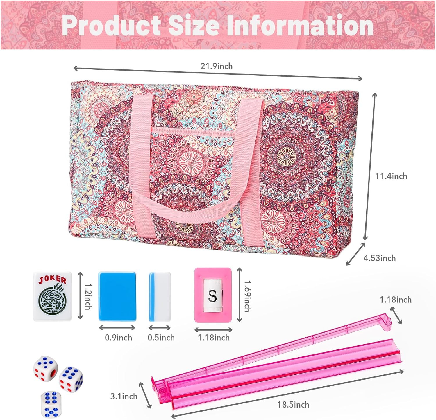 American Mahjong Tile Set with Pink Printed Carrying Bag, 166 Blue Tiles, 4 All-