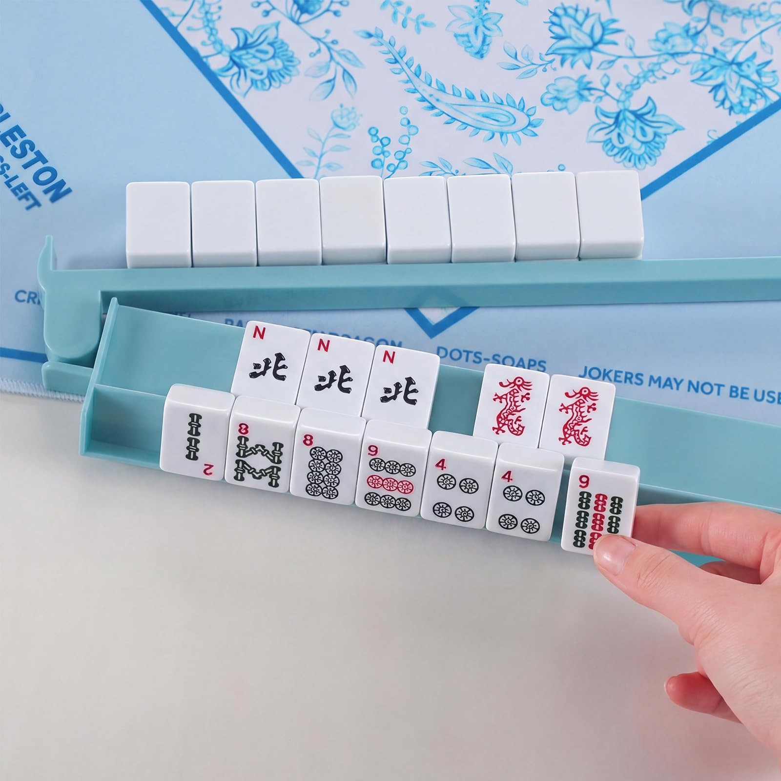 4 Pcs 18.7 Inch Misty Blue Acrylic Mahjong Tile Racks with Pushers for Game N…