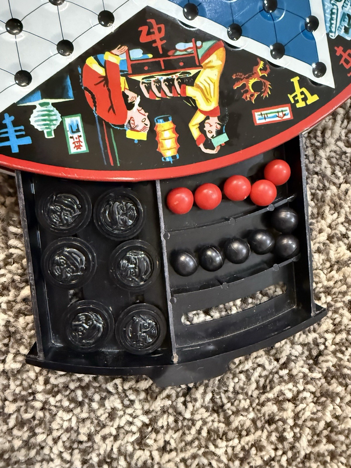 Vintage 60s Chinese Checkers Tin Lithograph Inside Storage Marbles. NOT COMPLETE