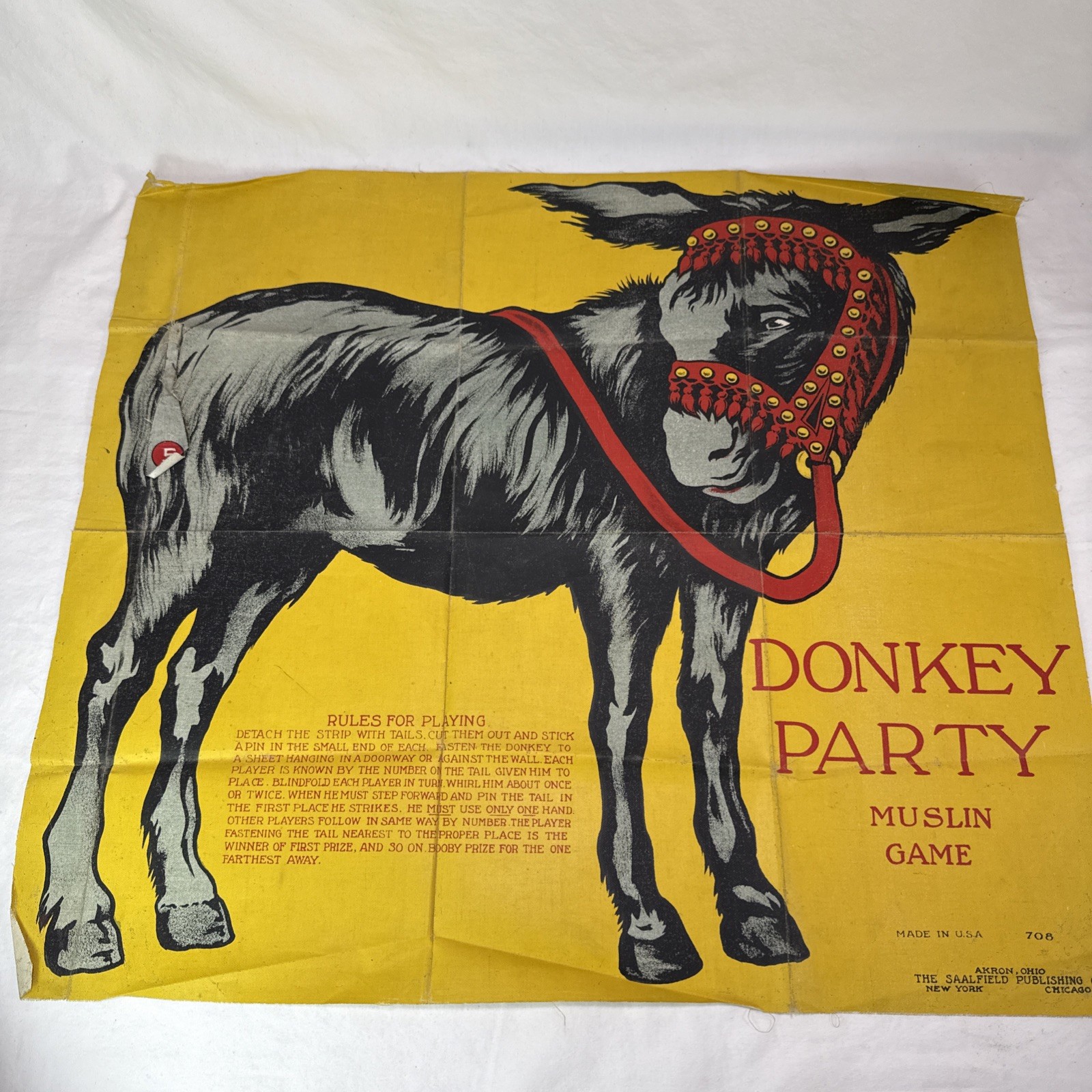 Antique Pin The Tail On The Donkey Party Muslin Game Saalfield Publishing Co.