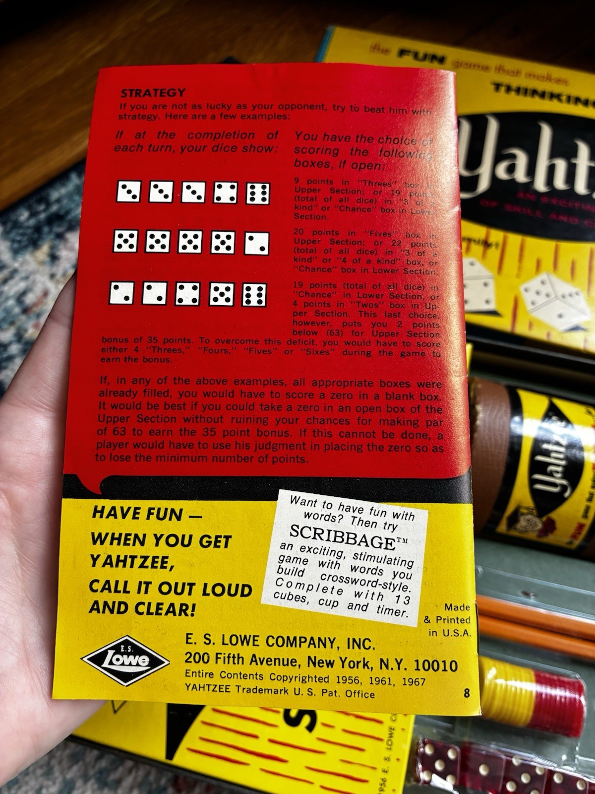 1967 Yahtzee Board Game New Never Played 100% Complete