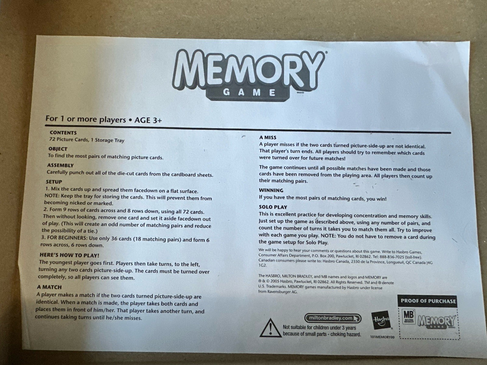 Original Memory Game Milton Bradley 2005 Complete Nostalgia Preschool 3+ Vintage