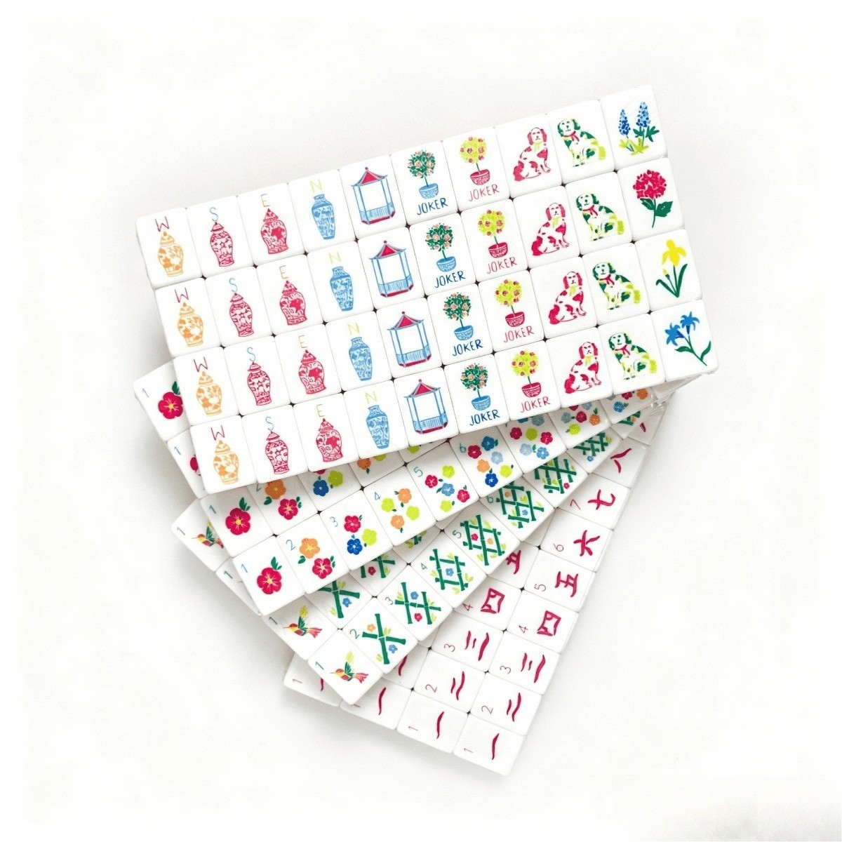 Orange Red White Striped Mahjong Tiles Vase Floral Joker Print 160 Full Set
