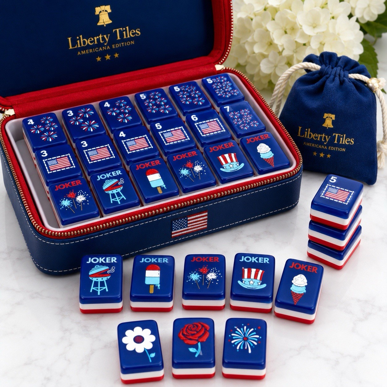 New! Patriotic Red White & Blue Mahjong Tile Set w/ Joker Tiles