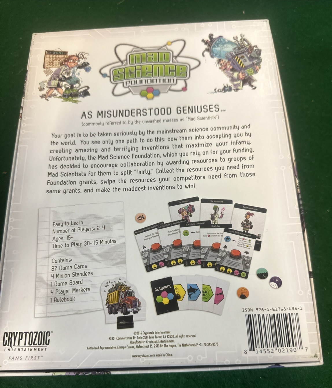 Mad Science Foundation Game Mad Scientist Cryptozoic Entertainment Board Game