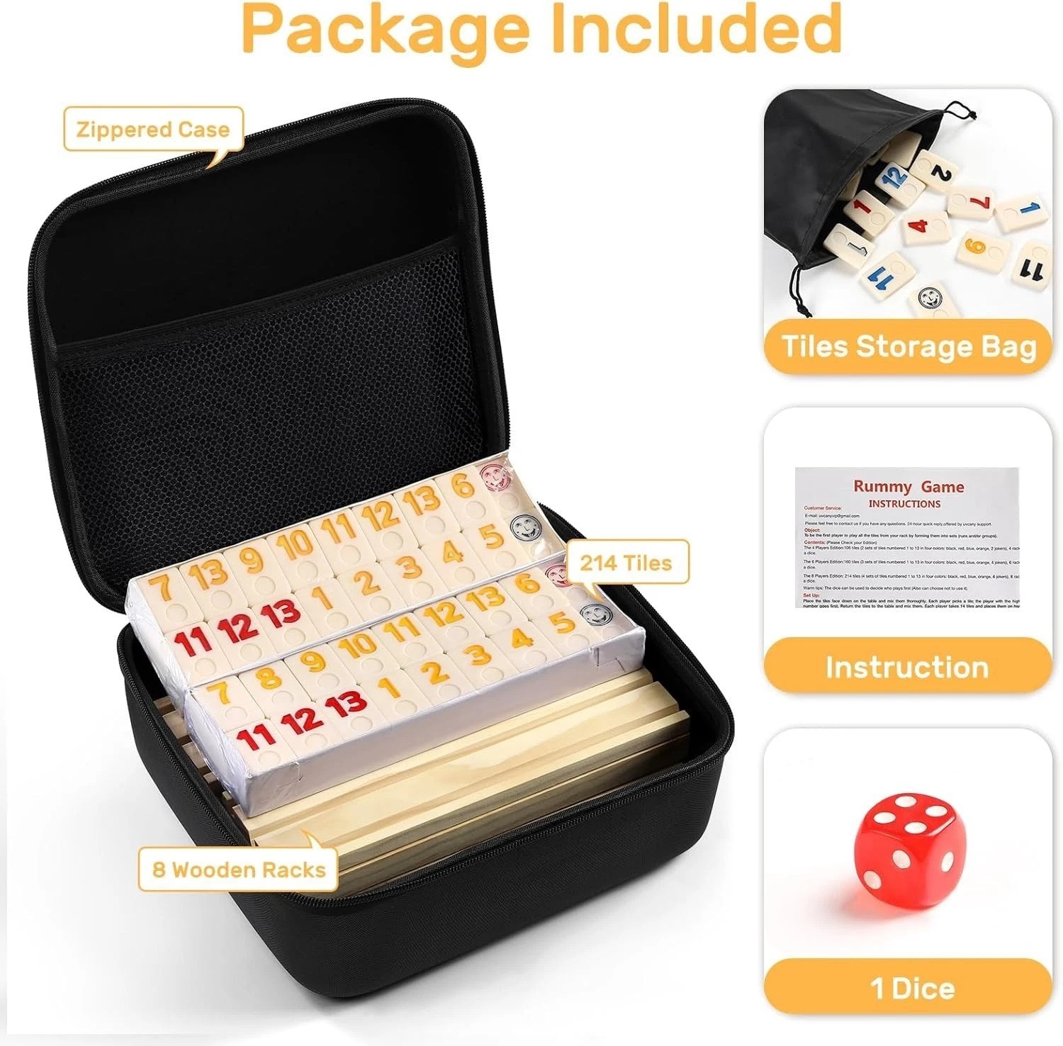 Rummy Cube 8 Player Set – 214 Large Tiles, 8 Wooden Racks, Zipper Case